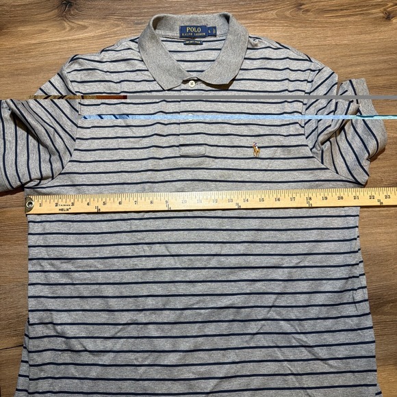Polo Ralph Lauren Shirt Mens LARGE Gray Navy Striped Pima Soft Touch Flesh Pony - Picture 6 of 9